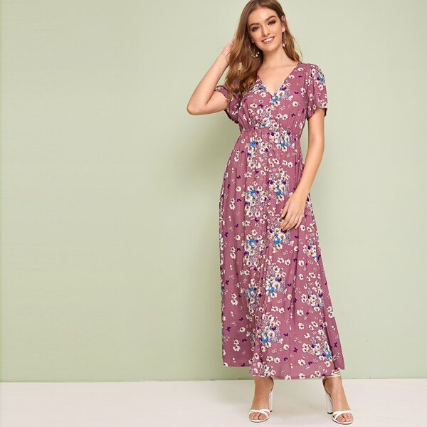 

Ditsy Floral Print Elastic Waist Shirt Dress, Multicolor