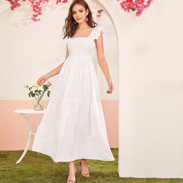 

Solid Ruffle Trim Shirred Layered Hem Maxi Dress, White