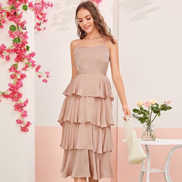 

Solid Ruffle Trim Layered Hem Satin Slip Dress, Pink pastel