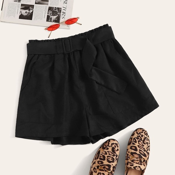 

Slant Pocket Paperbag Waist Adjustable Belt Shorts, Black
