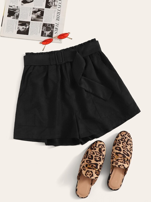

Slant Pocket Paperbag Waist Adjustable Belt Shorts, Black