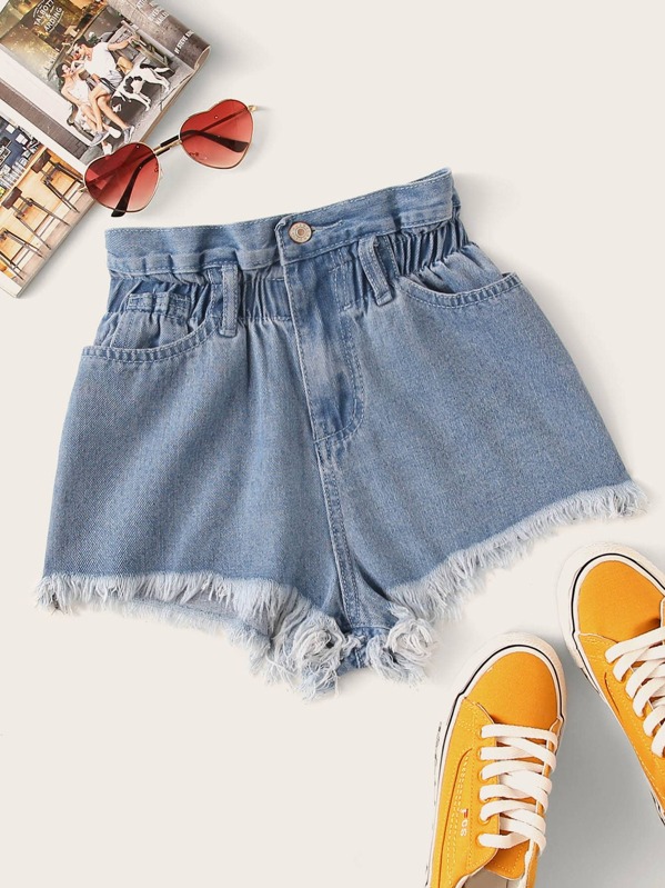 

Raw Hem Paperbag Waist Denim Shorts, Blue