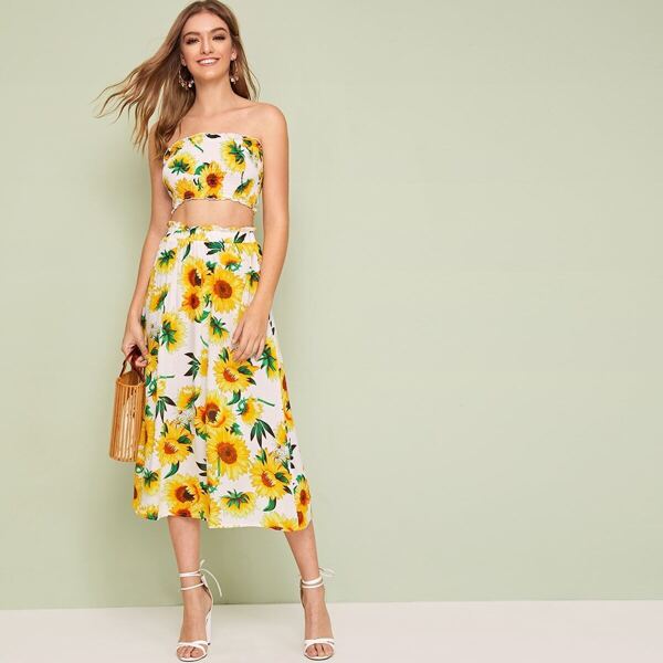

Sunflower Print Frill Trim Shirred Tube Top & Skirt Set