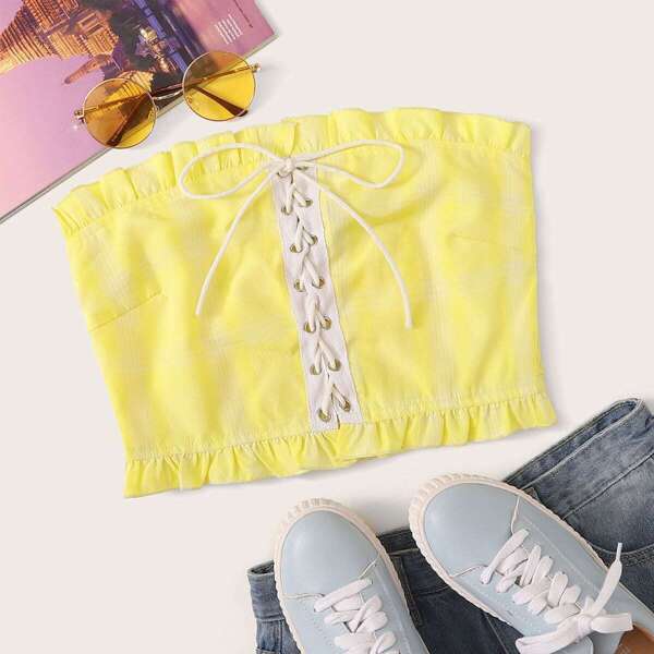 

Frill Trim Lace Up Detail Shirred Tube Top