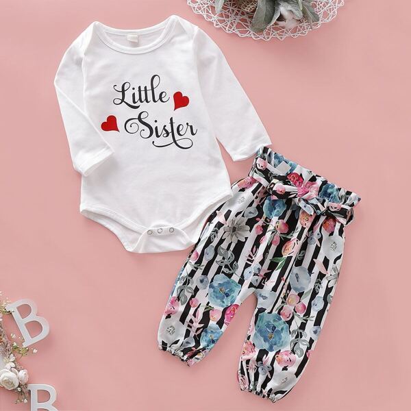 

Baby Girl Letter Print Romper With Floral Print Paperbag Pants