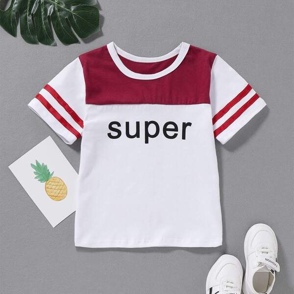 

Toddler Boys Contrast Panel Striped Tape Letter Print Tee, White