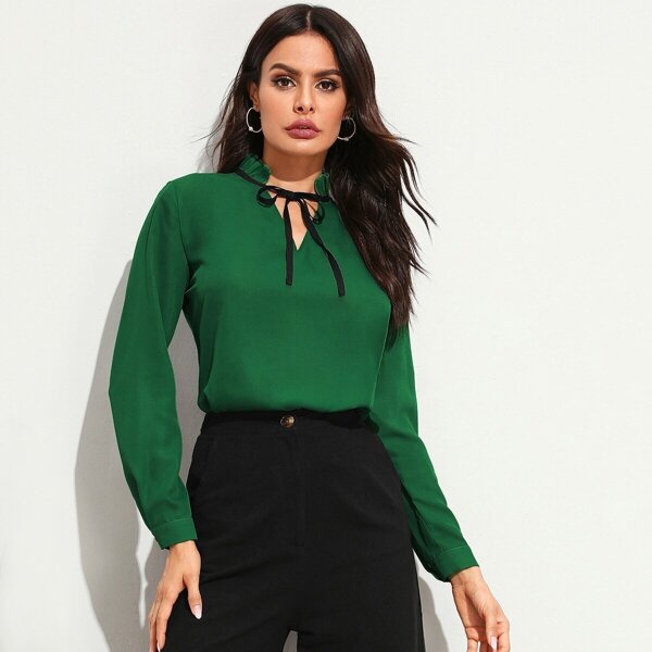 

Frill Tie Neck Long Sleeve Blouse, Green