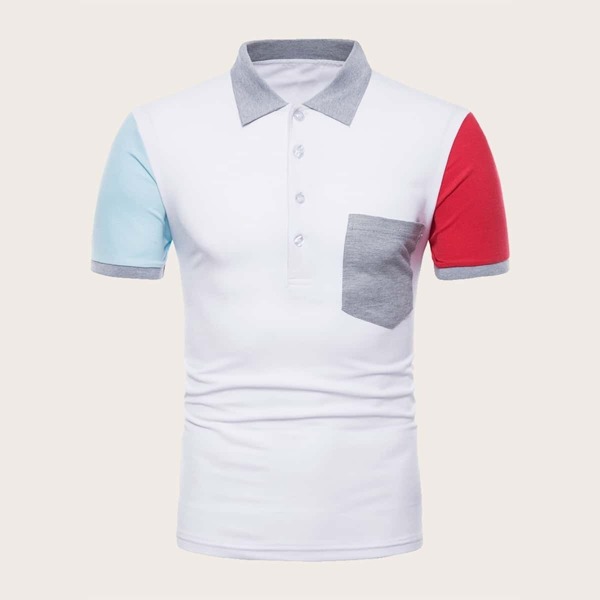 

Men Contrast Sleeve Pocket Front Polo Shirt