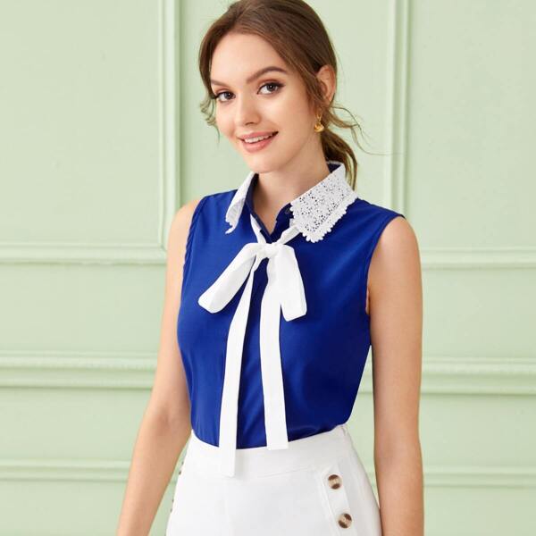 

Contrast Lace Tie Neck Curved Hem Sleeveless Blouse, Blue