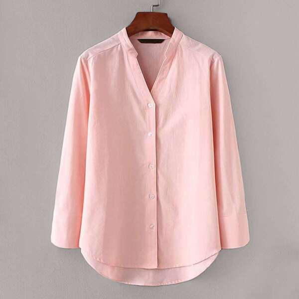 

Solid Notched Neck Dip Hem Blouse
