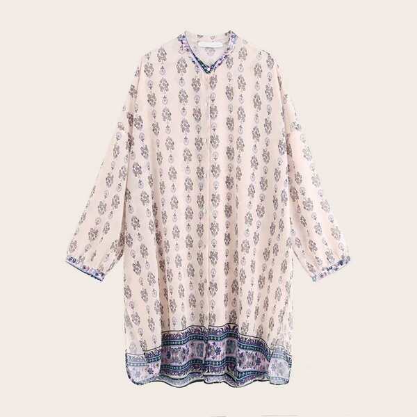 

Tribal Print Slit Hem Oversized Longline Blouse