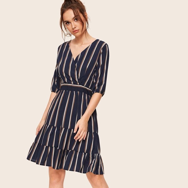 

Striped Print Surplice Front Ruffle Hem Dress