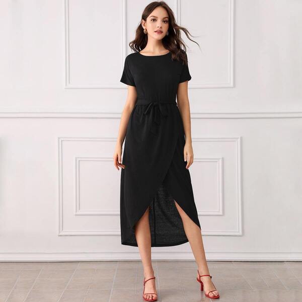 

Solid Belted Tulip Hem Dress