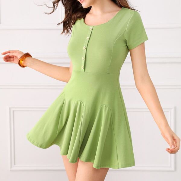 

Solid Button Front Godet Dress