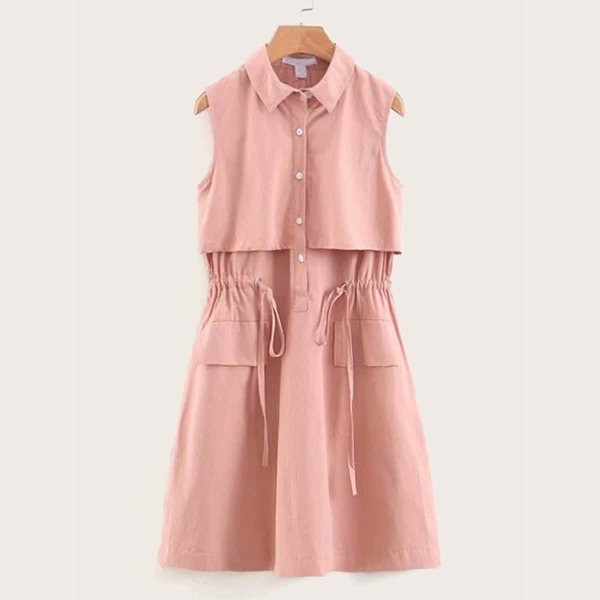 

Flap Pockets Drawstring Waist Half Button Denim Dress
