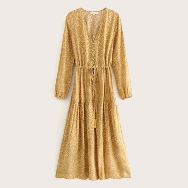 Leopard Print Fringe Drawstring Flare Dress