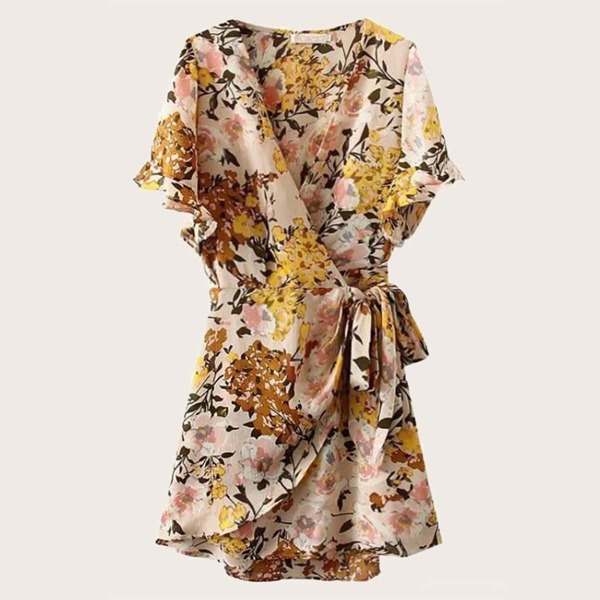 

Floral Print Tie Side Chiffon Wrap Dress, Multicolor