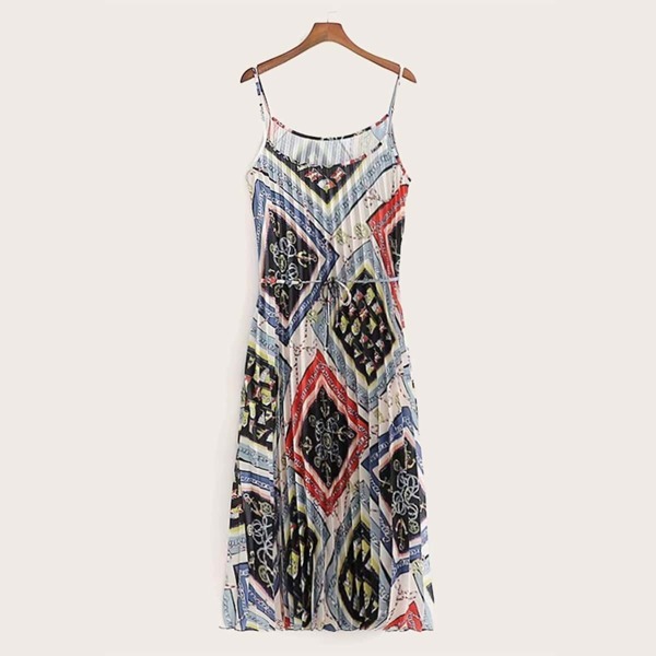 

Patchwork Print Belted Pleated Slip Dress
