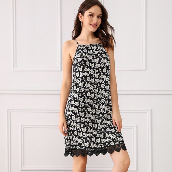 

Allover Floral Print Contrast Lace Hem Cami Dress, Multicolor