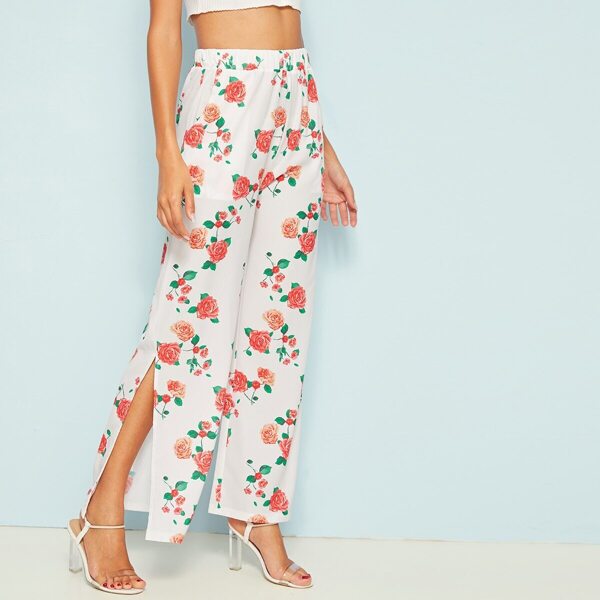 

Floral Print Split Side Wide Leg Pants