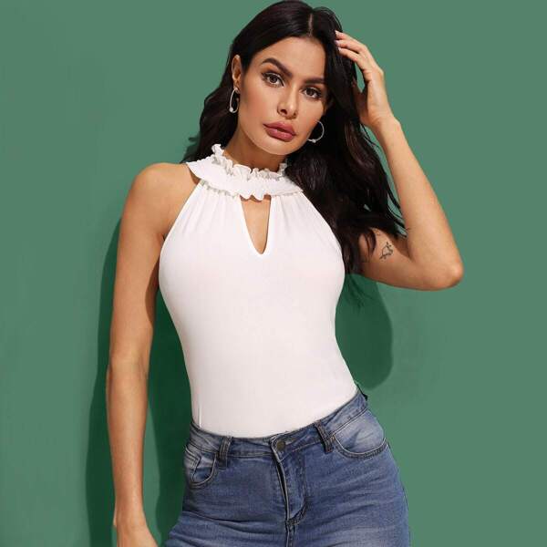 

Solid Lettuce Trim Choker Neck Top