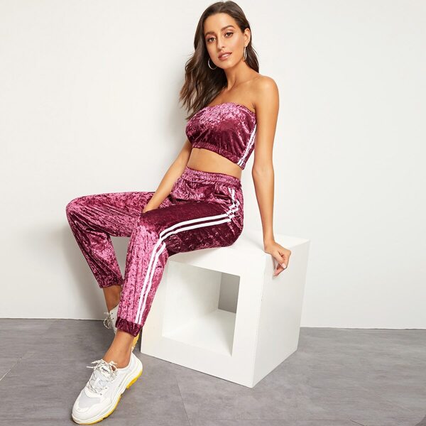 

Crushed Velvet Side Striped Tube Top With Sweatpants
