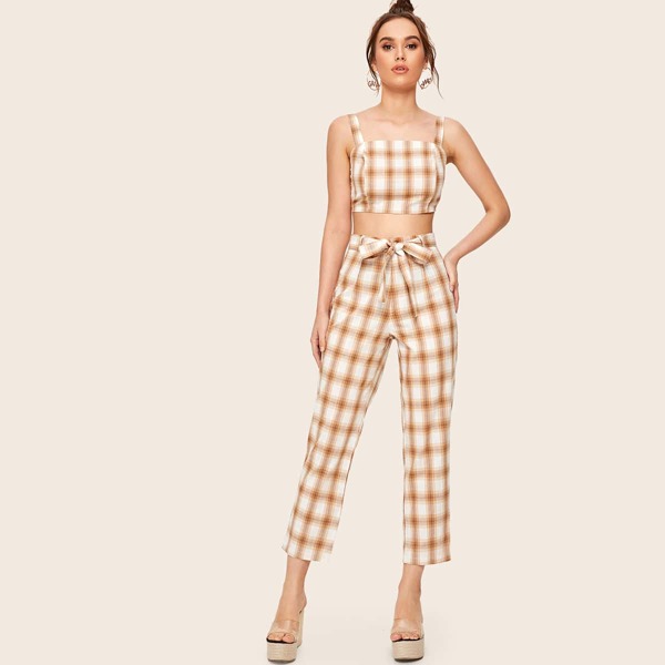 

Plaid Print Shirred Back Crop Top With Belted Pants