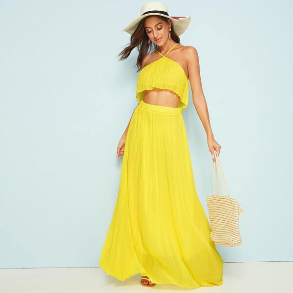 

Solid Pleated Cami Top With Maxi Skirt, Yellow