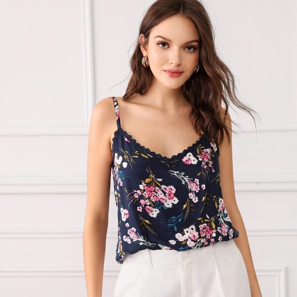 

Floral Print Contrast Lace Cami Top