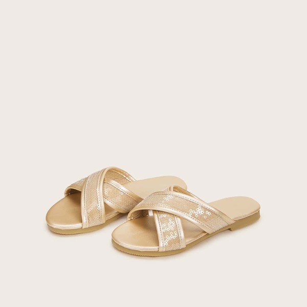 

Girls Cross Strap Open Toe Sliders, Champagne