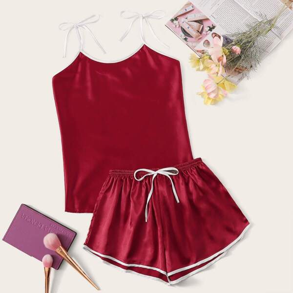 

Contrast Binding Satin Cami PJ Set