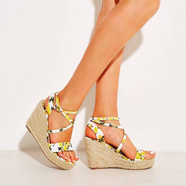 

Lemon Print Ankle Strap Espadrille Wedges