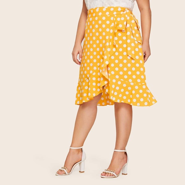 

Plus Polka-dot Ruffle Trim Wrap Knotted Skirt