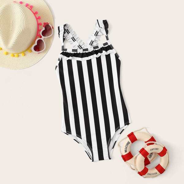 

Girls Striped Frill Trim One Piece Swimwear