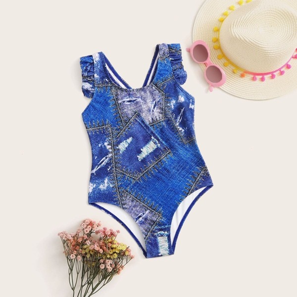 

Girls Denim print Frill Trim One Piece Swimwear