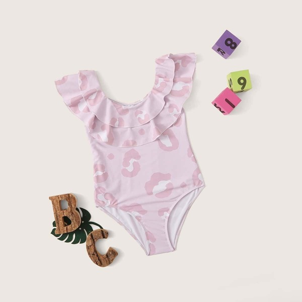

Girls Tiered Layer One Piece Swimwear, Pink pastel