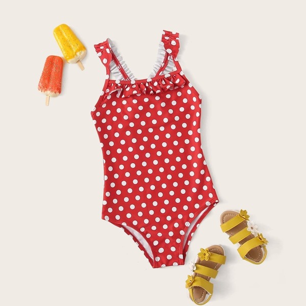 

Girls Polka Dot Frill Trim One Piece Swimwear