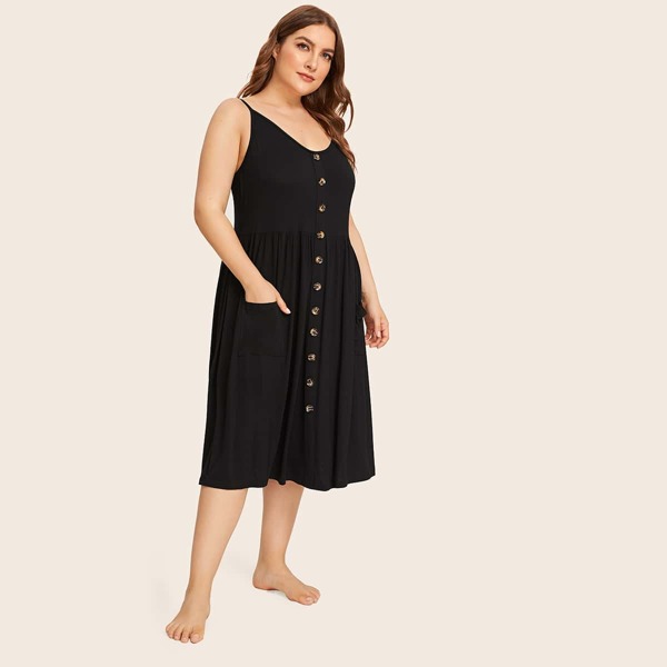 

Plus Button Front Night Dress, Black