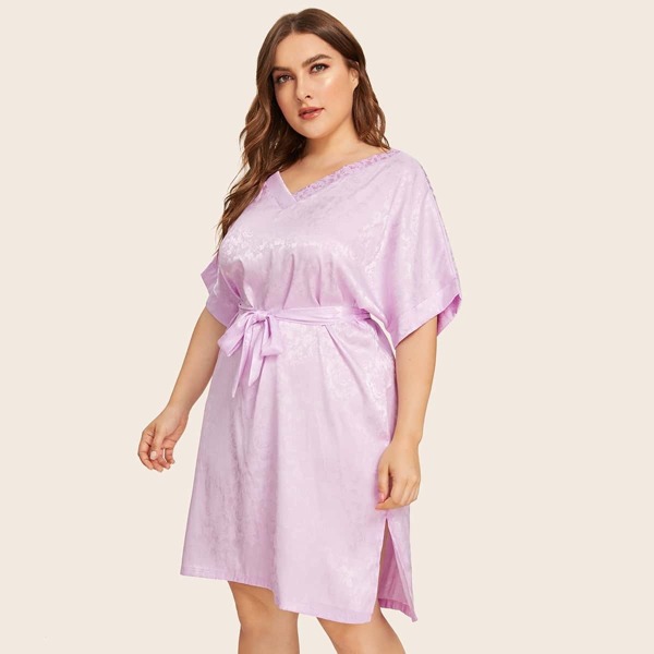 

Plus Floral Split Satin Robe With Belt