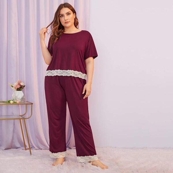 

Plus Lace Trim Pajama Set