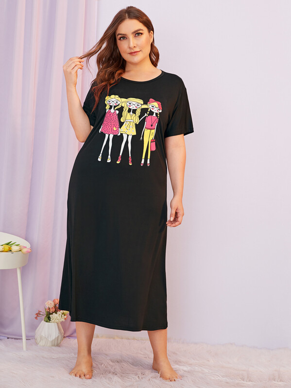 

Plus Cartoon Graphic Night Dress, Black, Franziska
