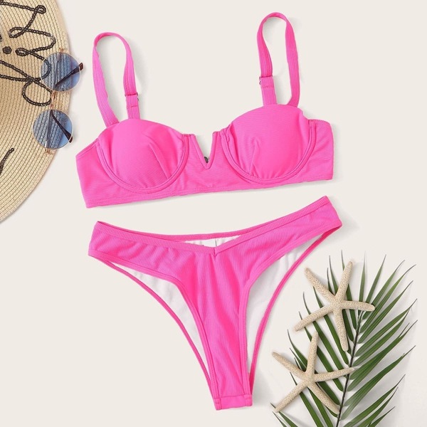 

Neon Pink Underwire Top With Cheeky Bikini Set