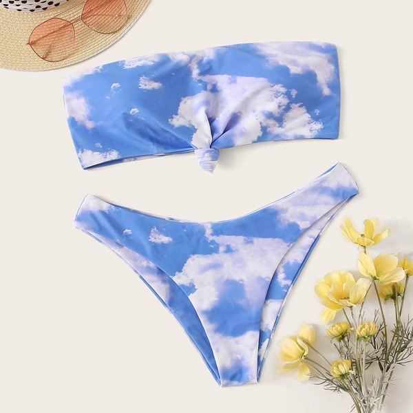 

Sky Print Knot Bandeau With Cheeky Bikini Set