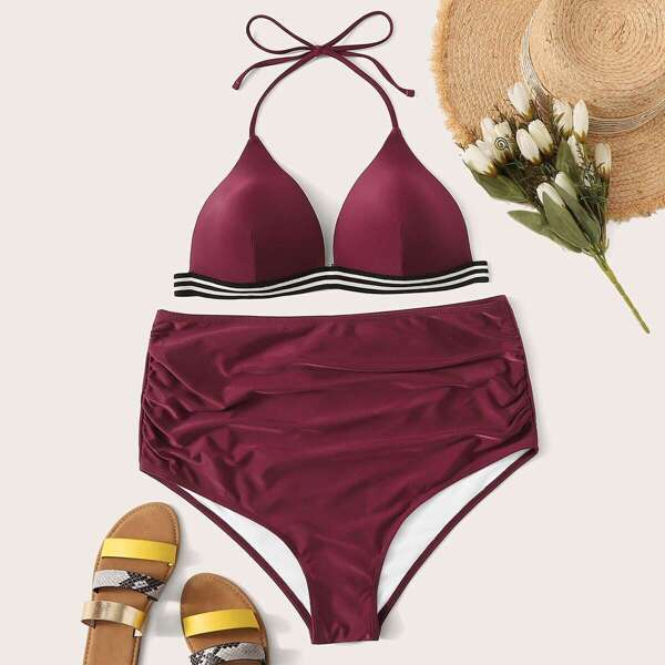 

Plus Striped Hem Halter Top With Ruched Bikini Set, Burgundy