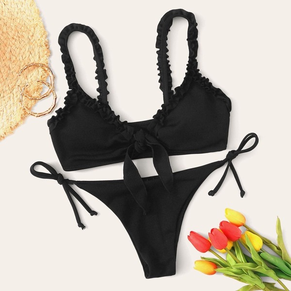 

Lettuce Trim Knot Top With Tie Side Bikini Set