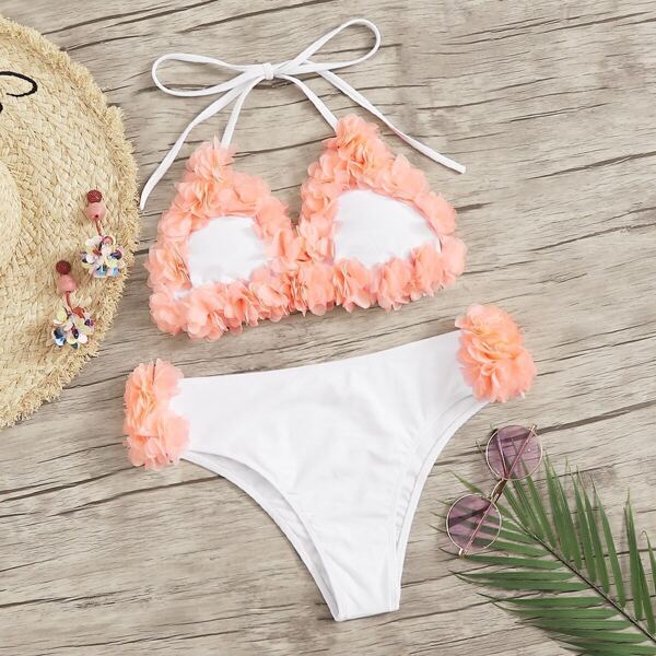 

Floral Appliques Trim Halter Bikini Set