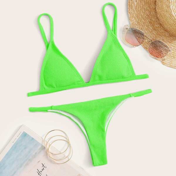 

Neon Lime Triangle Top With Tanga Bikini Set, Green