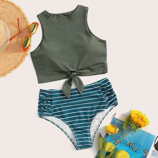 

Knot Hem Top With Striped Bikini Set
