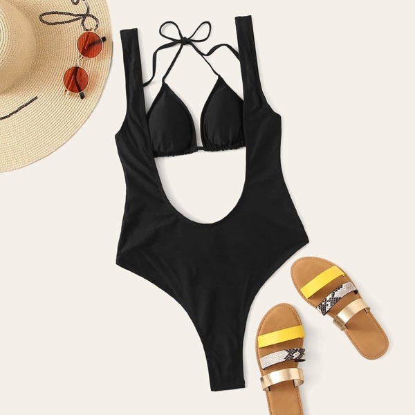 

Triangle Halter Top With Suspender Bikini Set