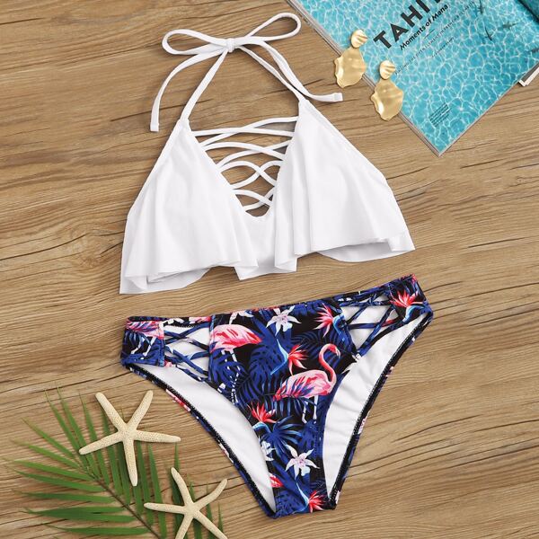 

Criss Cross Floaty Halter Top With Tropical Bikini